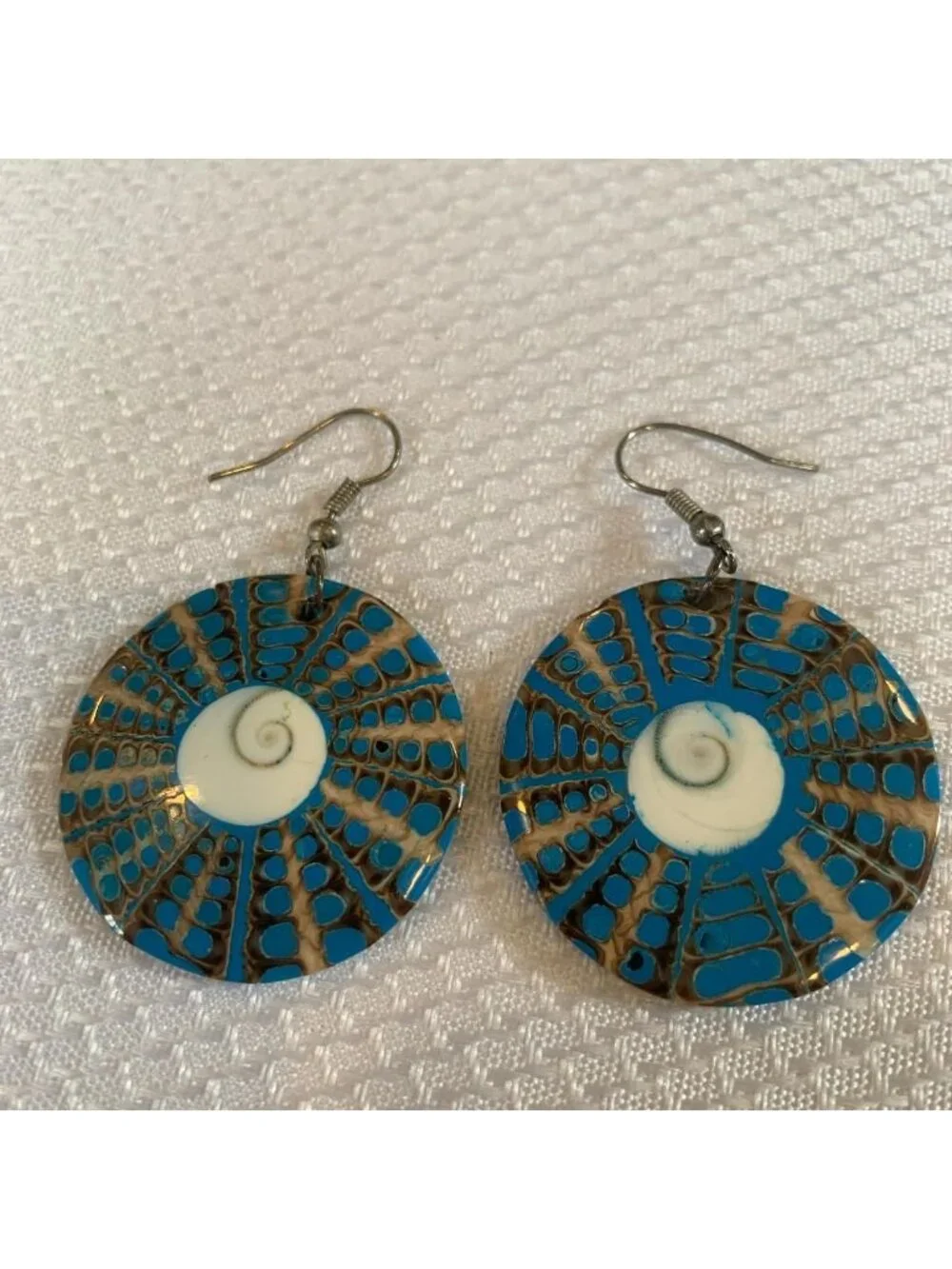 Glossy Shiva Eye Shell with Radial Blue and Brown Mosaic Design Dangle Earrings